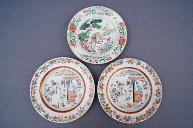 Three Chinese famille rose plates, Yongzheng/Qianlong