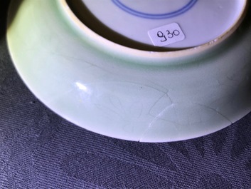 Six Chinese celadon and blue and white 'crabs and fish' cups and saucers, Kangxi