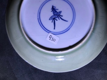 Six Chinese celadon and blue and white 'crabs and fish' cups and saucers, Kangxi