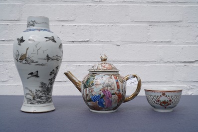 A Chinese grisaille vase, a famille rose 'mandarin' teapot and a reticulated cup on saucer, Yongzheng/Qianlong