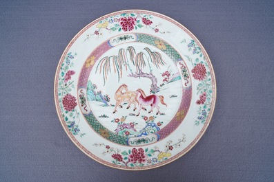 A pair of Chinese famille rose 'horse' dishes, Yongzheng/Qianlong