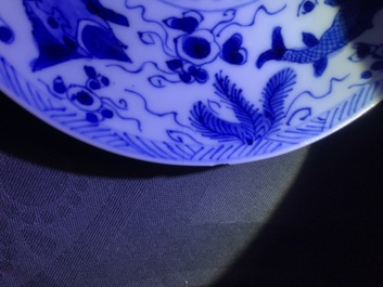 Six Chinese celadon and blue and white 'crabs and fish' cups and saucers, Kangxi