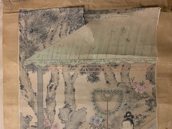 Gu Jianlong (Chine, 1606-1687): Figures dans un jardin, encre et couleurs sur papier, mont&eacute;