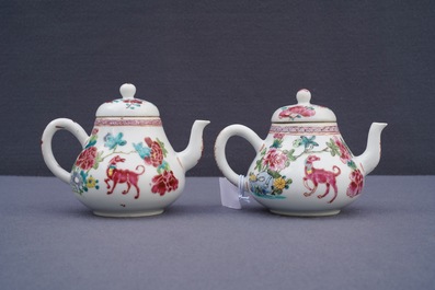 A pair of Chinese famille rose teapots with dogs, Yongzheng