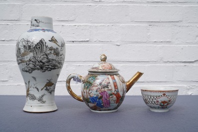 A Chinese grisaille vase, a famille rose 'mandarin' teapot and a reticulated cup on saucer, Yongzheng/Qianlong