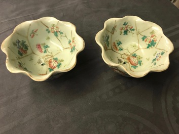 Six Chinese celadon bowls and a pair of bowls on stands for the Peranakan or Straits market, 19th C.