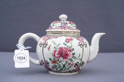 Two fine Chinese famille rose plates and a teapot and cover, Yongzheng/Qianlong