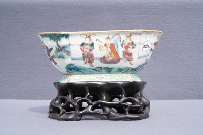 A Chinese famille rose ingot-shaped bowl on stand, Tongzhi mark and of the period