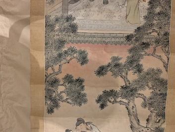 Gu Jianlong (Chine, 1606-1687): Figures dans un jardin, encre et couleurs sur papier, mont&eacute;
