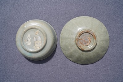 Two Korean celadon porcelain bowls, Goryeo/Joseon, 14/15th C.
