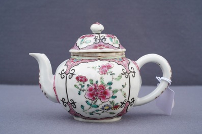 Two fine Chinese famille rose plates and a teapot and cover, Yongzheng/Qianlong