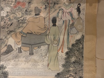 Gu Jianlong (Chine, 1606-1687): Figures dans un jardin, encre et couleurs sur papier, mont&eacute;