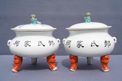 A pair of large Chinese famille rose tripod warming bowls and covers, 19/20th C.