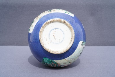 A Chinese famille verte powder blue-ground bottle vase, 19th C.