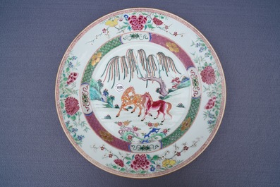 A pair of Chinese famille rose 'horse' dishes, Yongzheng/Qianlong