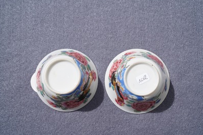 A pair of Chinese famille rose 'roosters' cups and saucers, Yongzheng/Qianlong
