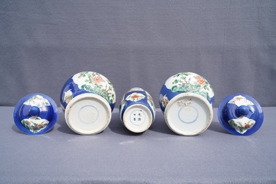 Three Chinese famille verte on powder blue-ground vases, 19th C.