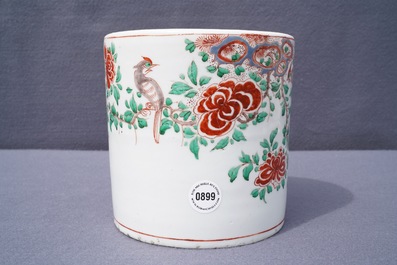 A large Chinese wucai 'birds and peonies' brush pot, Transitional period