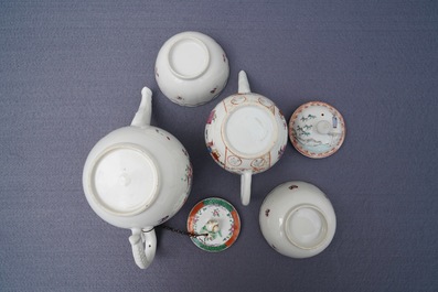 Two Chinese famille rose teapots and covers and two sets of cups and saucers, Qianlong