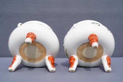 A pair of large Chinese famille rose tripod warming bowls and covers, 19/20th C.