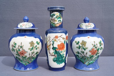 Three Chinese famille verte on powder blue-ground vases, 19th C.
