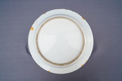 A pair of Chinese blue and white basins with figures in a garden, Yongzheng