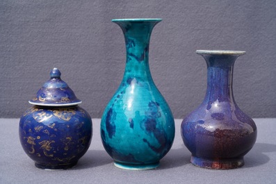 Three Chinese monochrome and flamb&eacute;-glazed vases, Kangxi and 19th C.