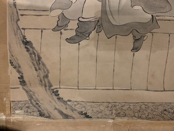 Gu Jianlong (Chine, 1606-1687): Figures dans un jardin, encre et couleurs sur papier, mont&eacute;
