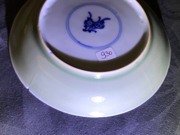 Six Chinese celadon and blue and white 'crabs and fish' cups and saucers, Kangxi