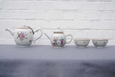 Two Chinese famille rose teapots and covers and two sets of cups and saucers, Qianlong