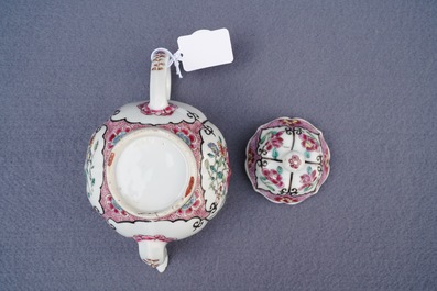 Two fine Chinese famille rose plates and a teapot and cover, Yongzheng/Qianlong