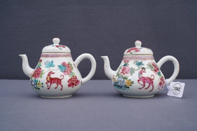 A pair of Chinese famille rose teapots with dogs, Yongzheng