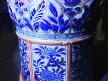 A Chinese blue and white vase with European clobbered decoration, Kangxi