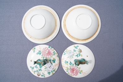 A pair of large Chinese famille rose tripod warming bowls and covers, 19/20th C.