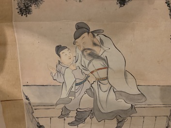 Gu Jianlong (Chine, 1606-1687): Figures dans un jardin, encre et couleurs sur papier, mont&eacute;