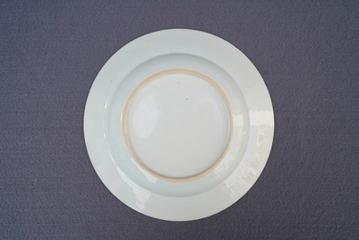 Two fine Chinese famille rose plates and a teapot and cover, Yongzheng/Qianlong