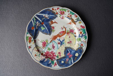 A pair of Chinese famille rose 'Tobacco leaf' plates, Qianlong