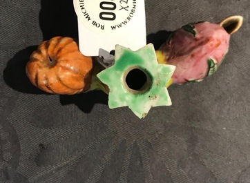 A Chinese famille rose flower-shaped brush washer and a brush rest, 19th C.