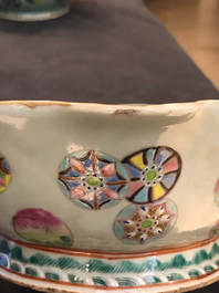 A pair of Chinese famille rose jardini&egrave;res and two celadon bowls, 19th C.