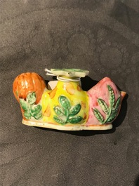 A Chinese famille rose flower-shaped brush washer and a brush rest, 19th C.