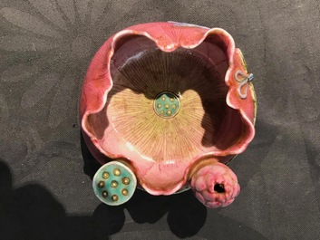 A Chinese famille rose flower-shaped brush washer and a brush rest, 19th C.