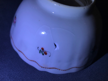 Two Chinese famille rose teapots and covers and two sets of cups and saucers, Qianlong