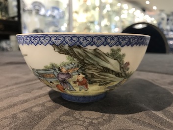 A pair of Chinese famille rose eggshell bowls, Qianlong mark, 20th C.