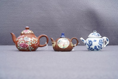 Three miniature Chinese Yixing and blue and white teapots, Kangxi and later