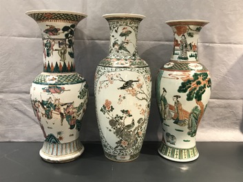 Three Chinese famille rose and verte vases, 19/20th C.