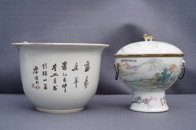 A Chinese qianjiang cai covered bowl on foot and a jardini&egrave;re, 19/20th C.