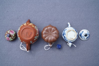 Three miniature Chinese Yixing and blue and white teapots, Kangxi and later