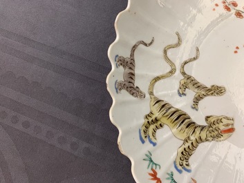 A pair of lobed Chinese famille verte Kakiemon-style 'tiger' plates, Kangxi