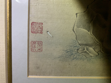 Trois peintures chinoises sur textile et une paire de badges de mandarin, Chine, 19&egrave;me