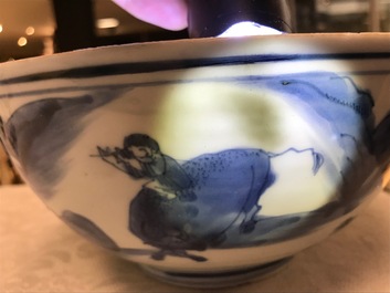 A Chinese blue and white bowl with figures on bulls, Chenghua mark, Transitional period
